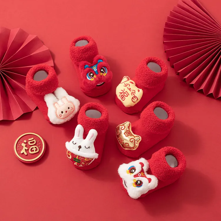 新生婴儿袜子秋冬款宝宝保暖加绒大红毛圈防滑地板袜学步袜新年款