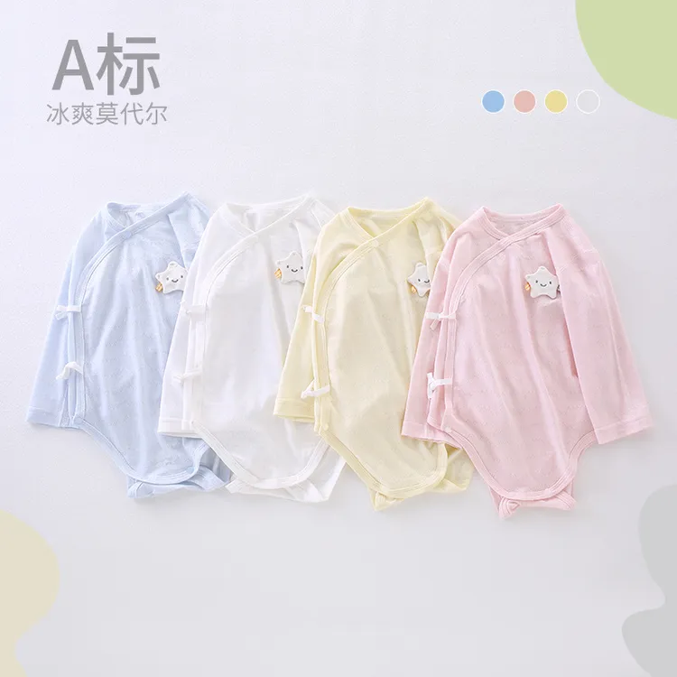 夏季薄款婴幼儿包屁衣纯色三角爬服新生儿宝宝长袖系带连体哈衣
