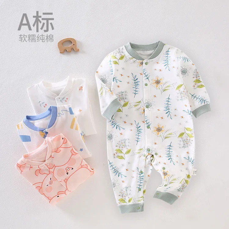 婴儿连体衣夏季款纯棉无骨和尚服初生宝宝哈衣长袖爬服新生儿衣服