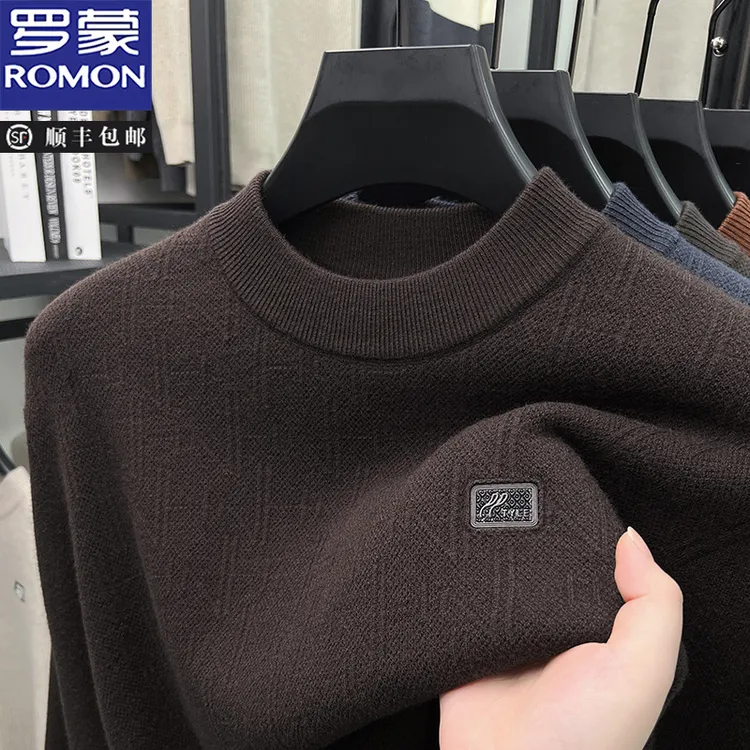 罗蒙一体绒加厚毛衣针织衫打底衫卫衣内搭精致胸标中青年毛衣上衣