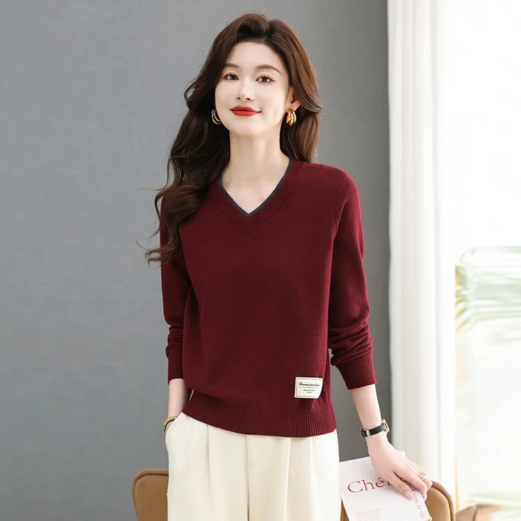 秋装新款2025安哥拉红毛衣女秋冬V领针织打底衫宽松时尚洋气上衣