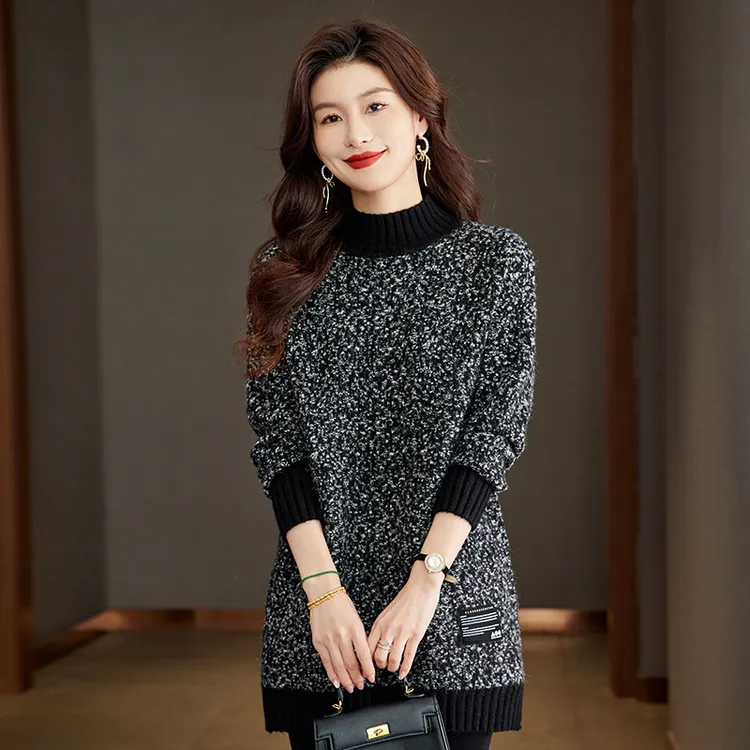 大码女装加厚花色毛衣时尚外穿高级感冬季针织打底遮屁股显瘦上衣