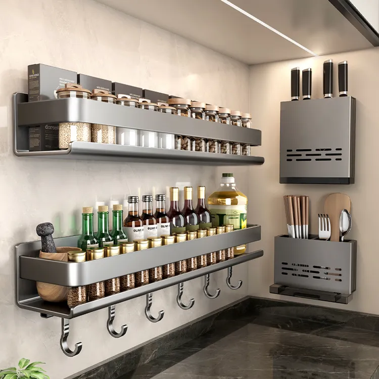 天地鱼枪灰厨房置物架免打孔壁挂式刀架调味料用品大全多功能收纳