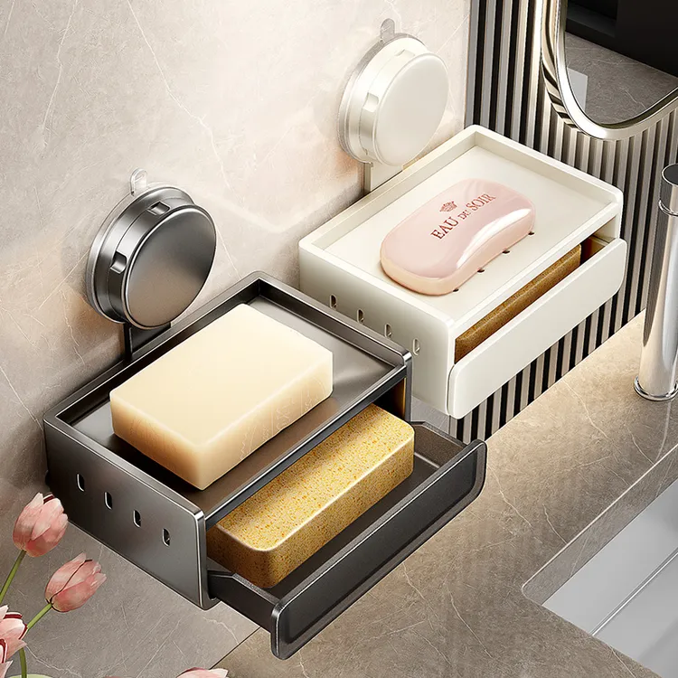 吸盘肥皂盒浴室免打孔壁挂式太空铝卫生间置物架香皂沥水盒壁挂式