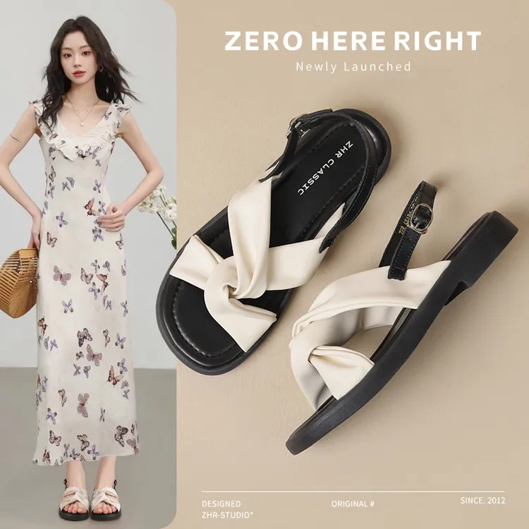 ZHR/则则金属扣平底凉鞋女2025夏季仙女风配裙子外穿软底百搭女鞋