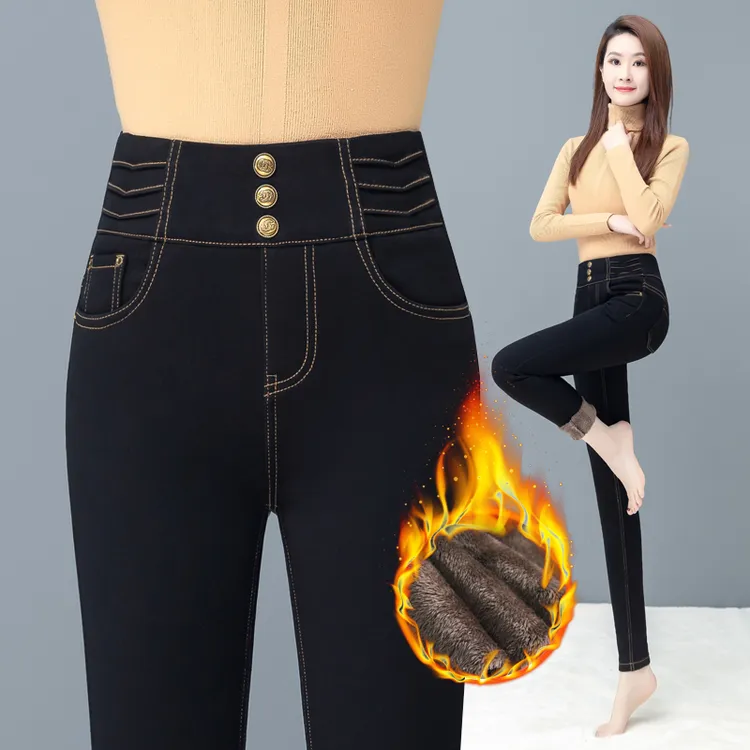 秋冬高腰收腹修身显瘦铅笔裤加绒加厚弹力女款爆款黑色小脚裤