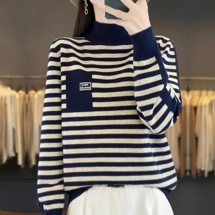 胖mm秋冬大码半高领女士条纹毛衣2025新款洋气内搭针织打底羊毛衫