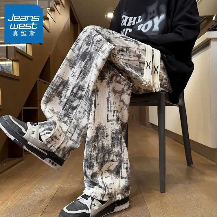 真维斯2025新款阔腿运动裤子宽松直筒美式扎染潮流男士休闲裤春季