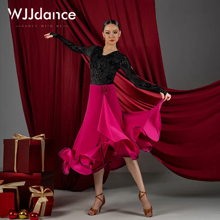 WJJdance摩登舞大摆裙女2025新款侧腰立体花飘带国标舞鱼骨半身裙