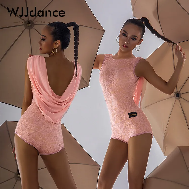 WJJdance拉丁舞连体上衣女新款一字领大露背拼接网纱荡领国标舞衣