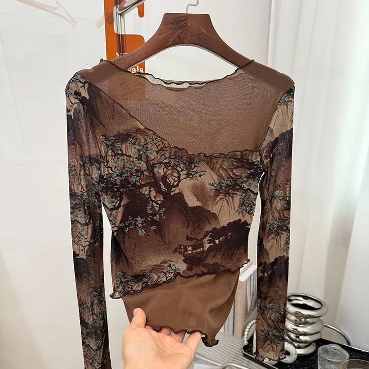 春秋时尚复古印花网纱高档上衣女弹力修身显瘦打底衫内搭时髦T恤