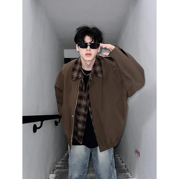 古着vintage棕色外套男秋冬美拉德穿搭假两件夹克翻领短款棒球服