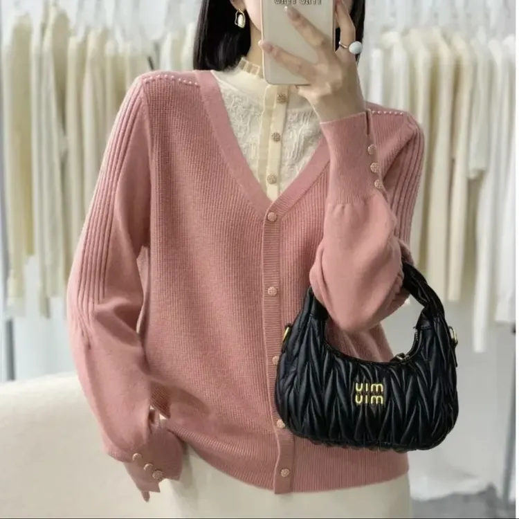 2025新款纽扣假两件毛衣女拼接时尚显瘦时尚百搭长袖针织衫3310