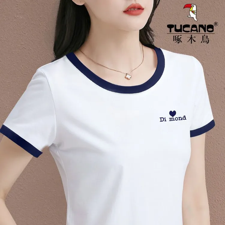 清仓捡漏啄木鸟大牌特价新款夏季薄短袖t恤女装修身圆领洋气拼接
