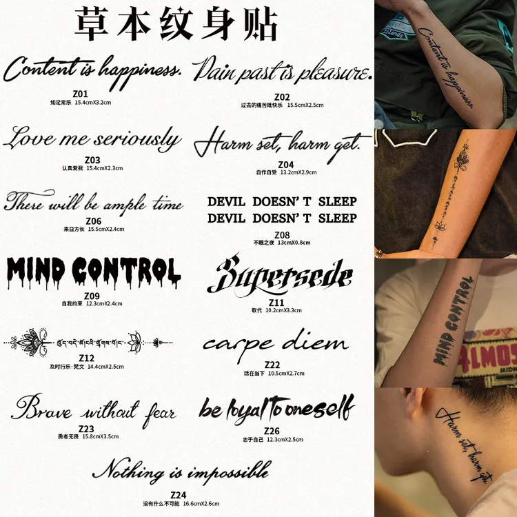 经典酷帅图案果汁纹身贴纸男英文草本防水防搓不反光半草本纹身贴