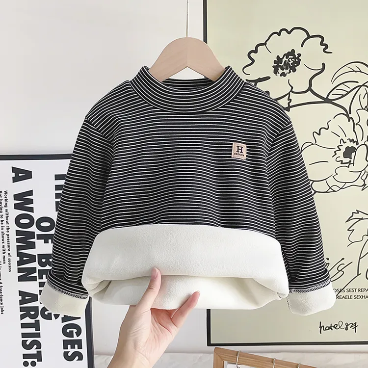 儿童秋冬新款德绒加绒加厚半高领条纹打底衫男宝女宝内搭保暖衣