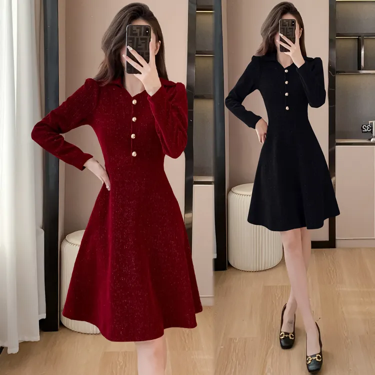 有口袋红色修身连衣裙雪尼尔法式气质收腰小个子赫本小红裙 9936