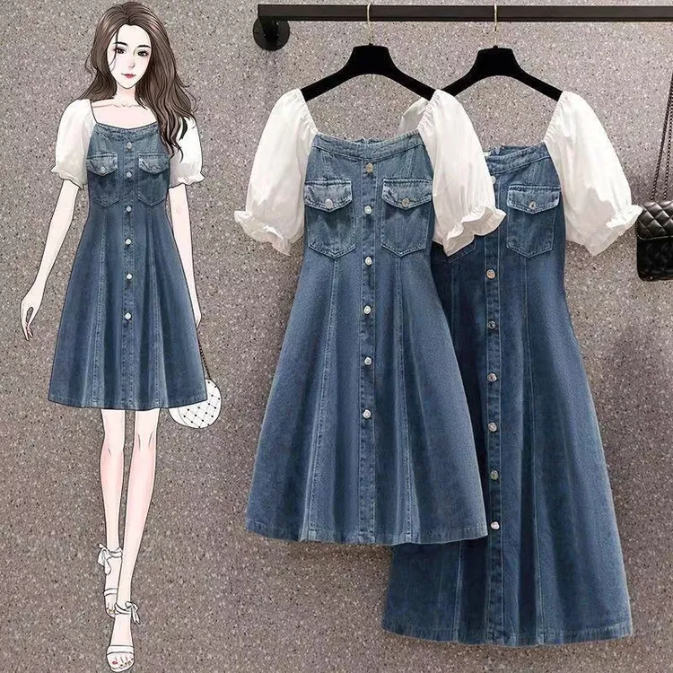 【长短款】法式设计感减龄收腰显瘦气质白袖子拼接牛仔连衣裙7070