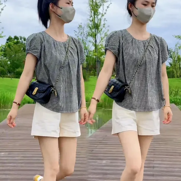 微胖穿搭一整套高级感格子圆领短袖高腰宽松短裤两件套女