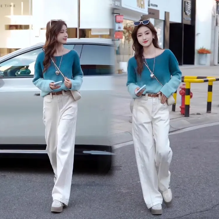 初秋气质一整套穿搭高级感渐变色针织毛衣+显瘦直筒休闲裤两件套