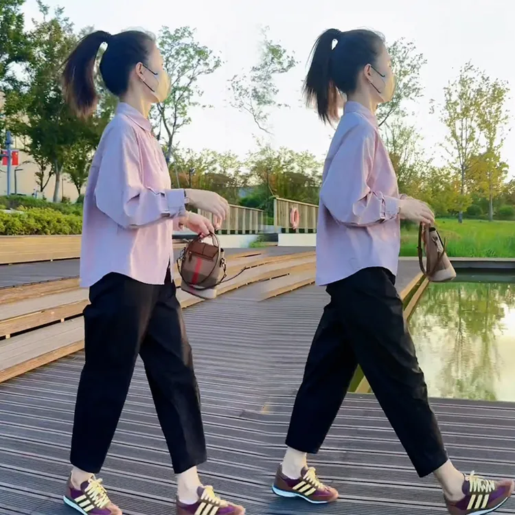 2024秋季爆款韩版小个子宽松百搭时髦洋气衬衫高腰休闲裤两件套装