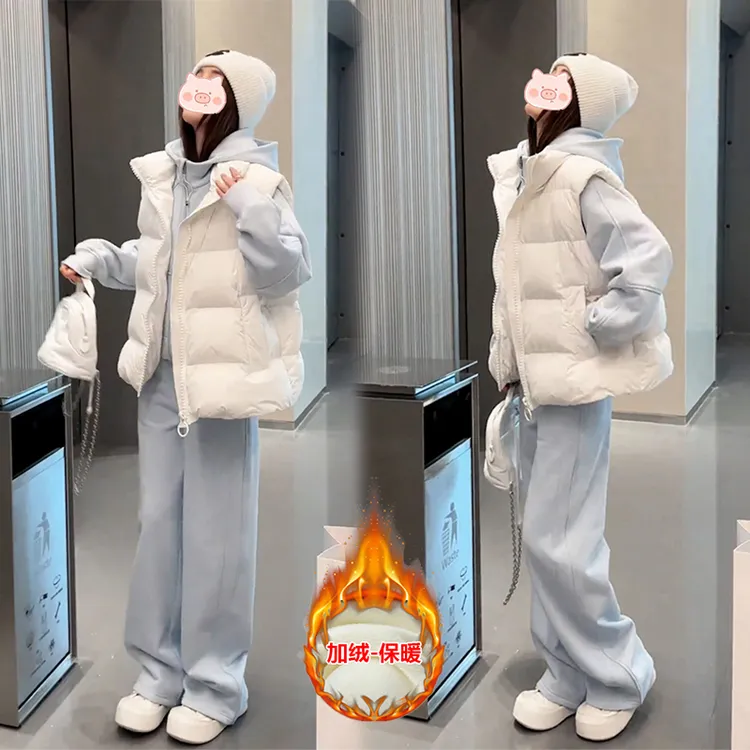 韩版白色立领棉服马甲高级感时尚蓬松感外套搭配卫衣卫裤三件套装