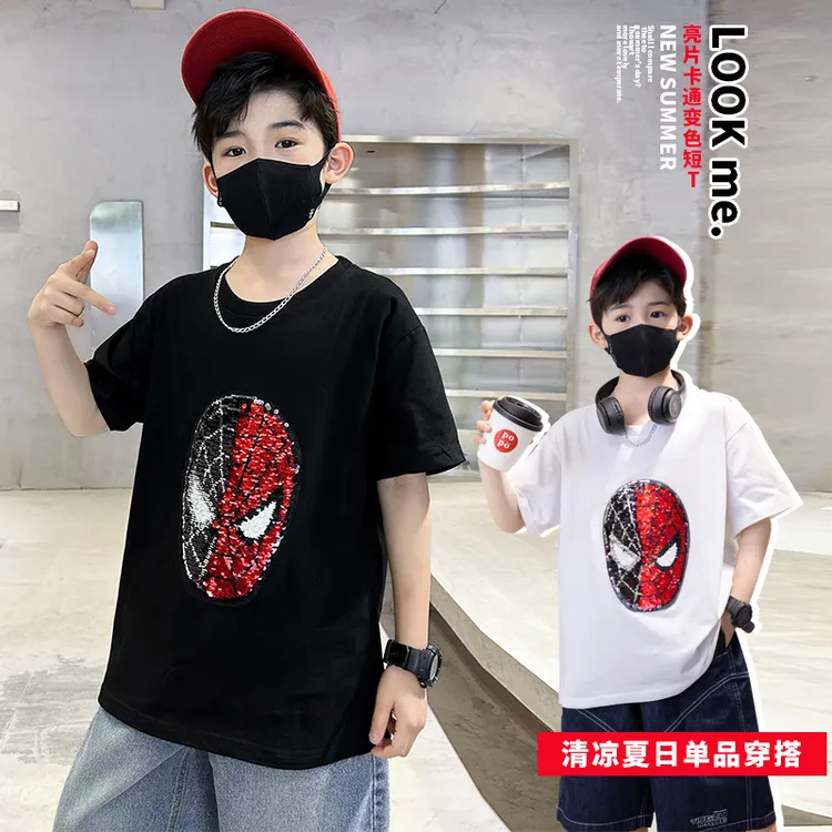 儿童短袖变脸新款夏季男孩t恤纯棉亮片变色卡通蜘蛛侠洋气图案潮