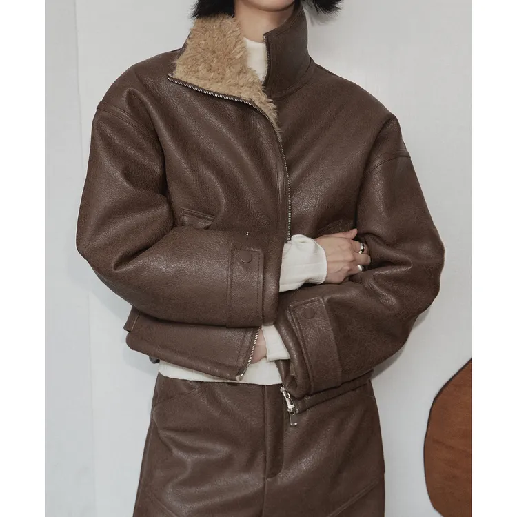 美式复古pu皮衣女冬季时尚羊羔毛加厚保暖皮毛一体加绒机车短外套
