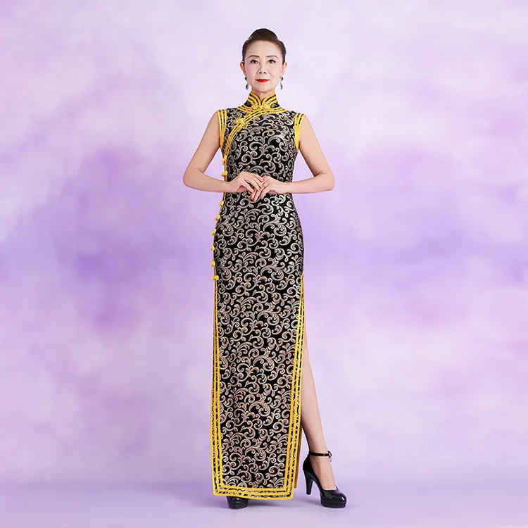 李月英定制黑色祥云烫金小花无袖旗袍（定制可修改不退换送69耳环