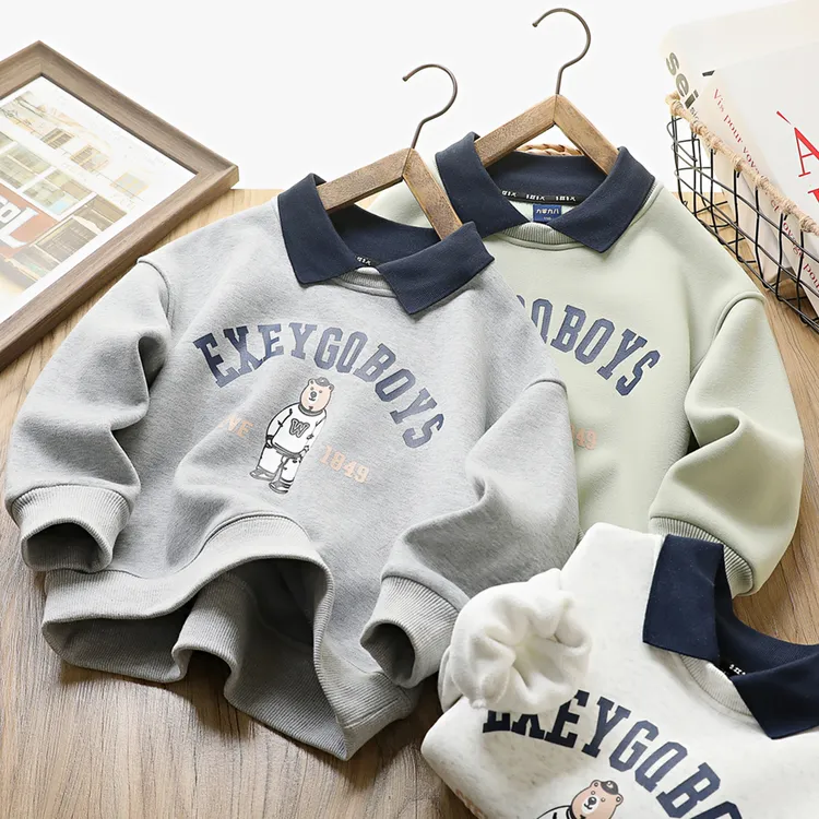 秋冬款儿童加绒卫衣翻领卡通上衣童装男童套头Polo衫中大童打底衫