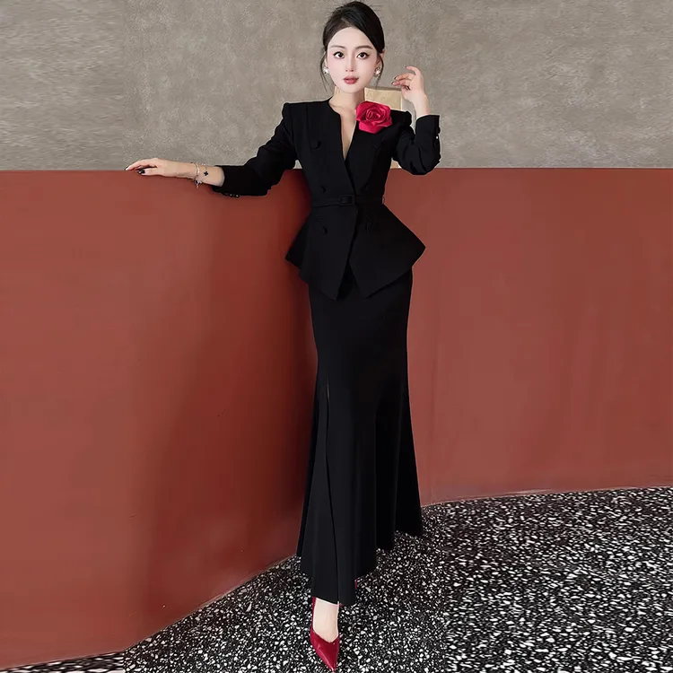 气质名媛职业装2025春秋季新款爆款收腰显瘦V领上衣鱼尾裙套装