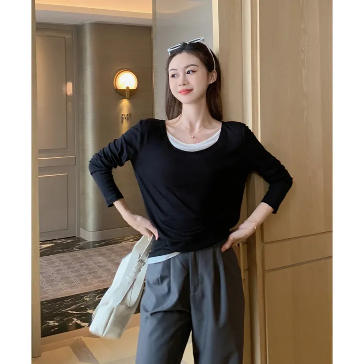 美洋MEIYANG 双层面膜T恤 桑蚕丝莱赛尔时尚假两件拼接长袖打底