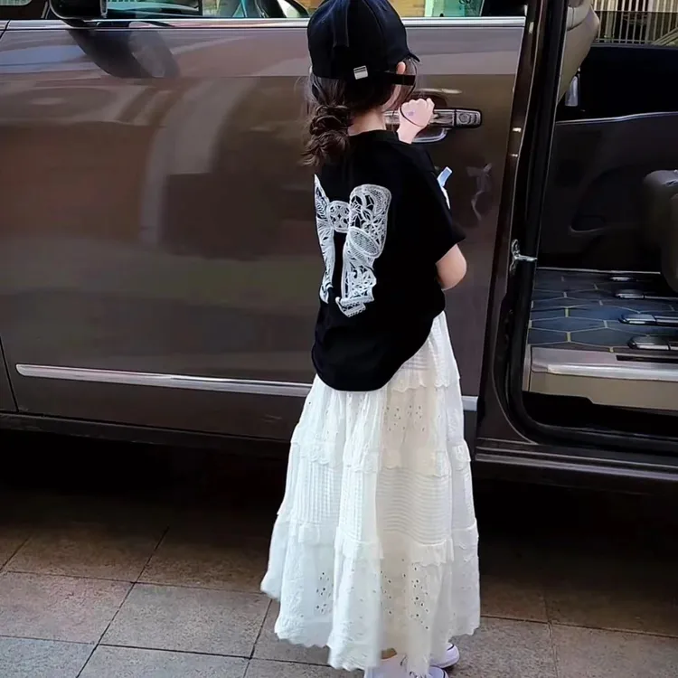 女童夏装套装2025新款夏季中大童短袖t恤蛋糕裙初中生学院风洋气