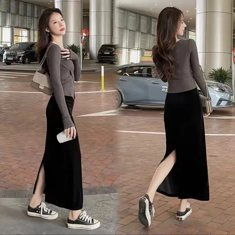 【工厂直发-现货】2025秋冬金丝绒百搭裙新款女装显瘦中长款半身裙