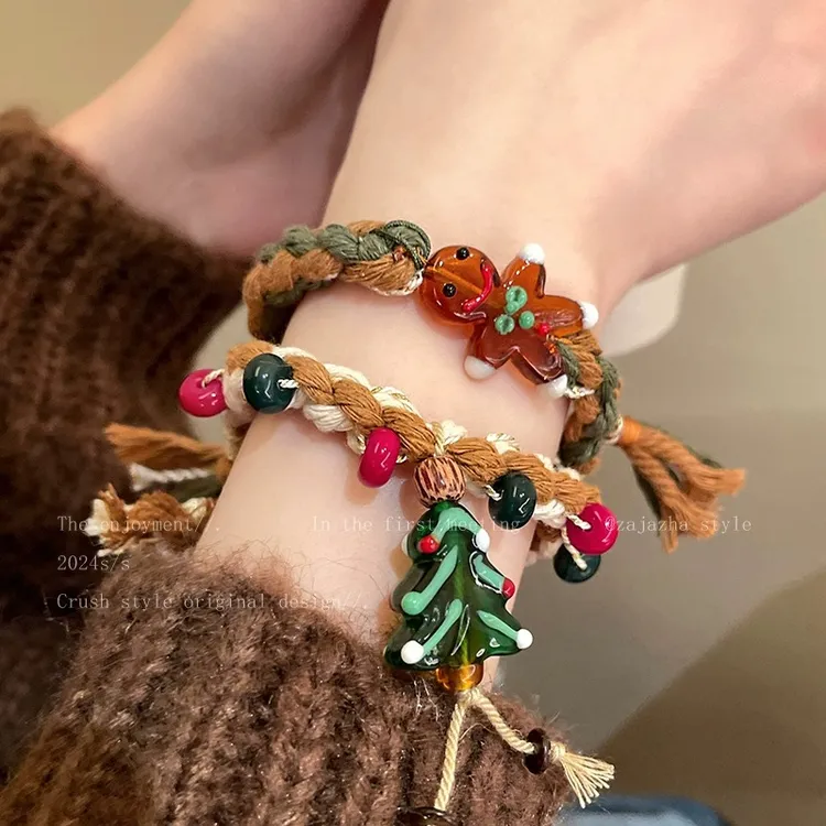 非金属布艺手链  圣诞节姜饼人编织绳手链女秋冬可爱百搭圣诞手饰
