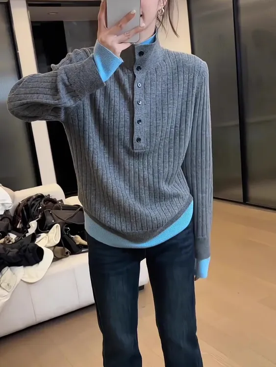 2024冬季新款大码女装撞色假两件针织衫上衣遮肉显瘦竖坑条毛衣