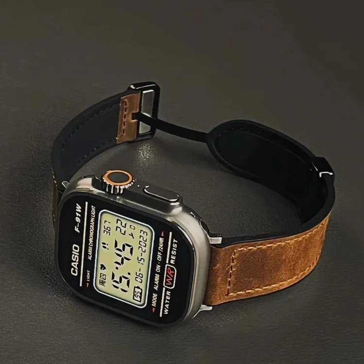 适用iwatch手表s10苹果S8疯马纹磁吸s9表带ULTRA2真皮7硅胶SE高级