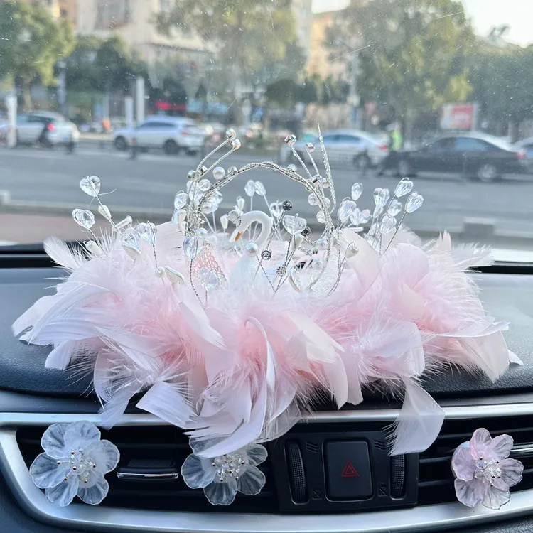 粉色满天星大羽毛垫汽车中控台装饰摆件套餐组合女神专用车载毛绒