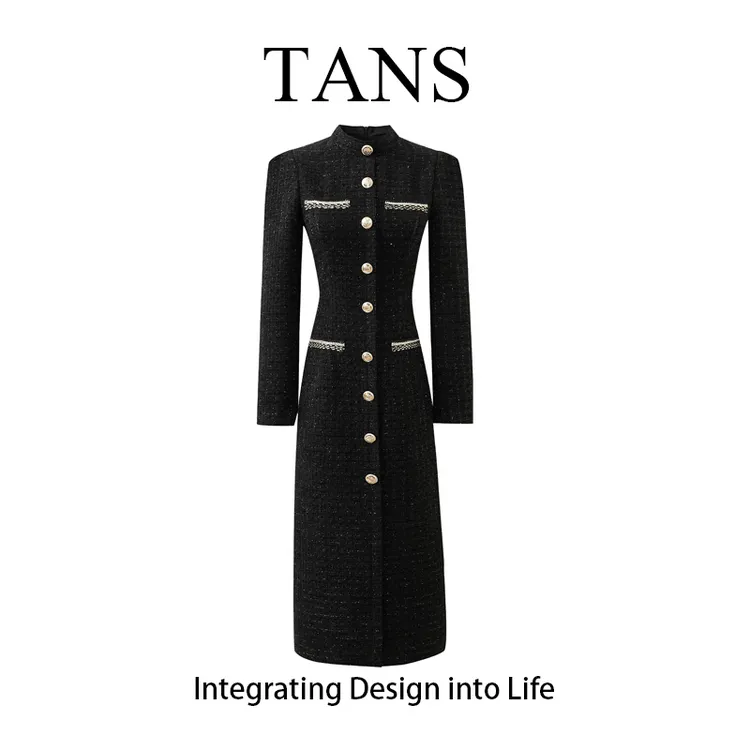 TANS【黑金唱片】法式黑色小香风设计感连衣裙女气质长裙