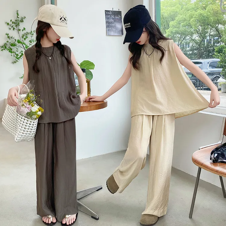 女童夏季新款显瘦2025无袖宽松上衣慵懒风中大童时尚阔腿裤两件套