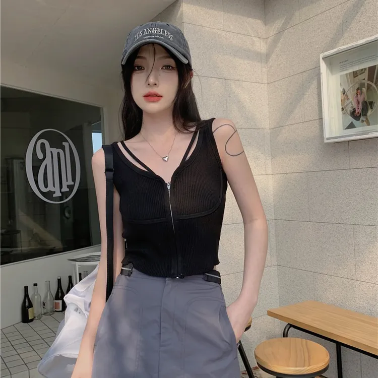 韩系黑色拉链针织小吊带背心女秋设计感内搭性感外穿无袖短款上衣