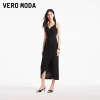 Vero Moda2024新款设计感连衣裙女收腰开叉礼服小黑裙324361032