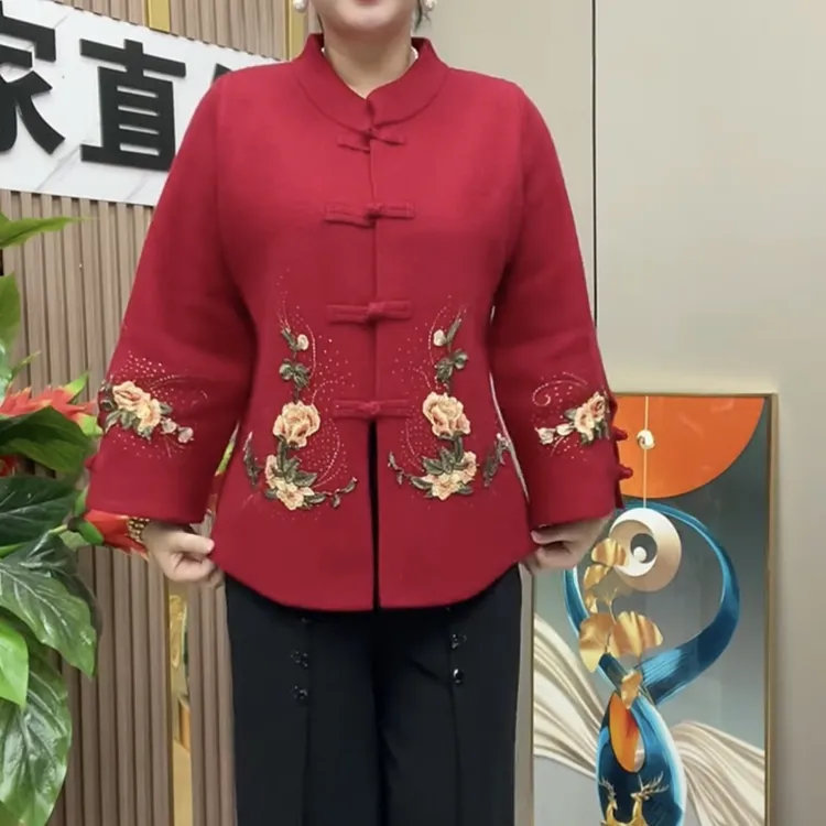 S中老年民族风加厚绣花时尚唐装外套复古妈妈装秋冬中式上衣长袖