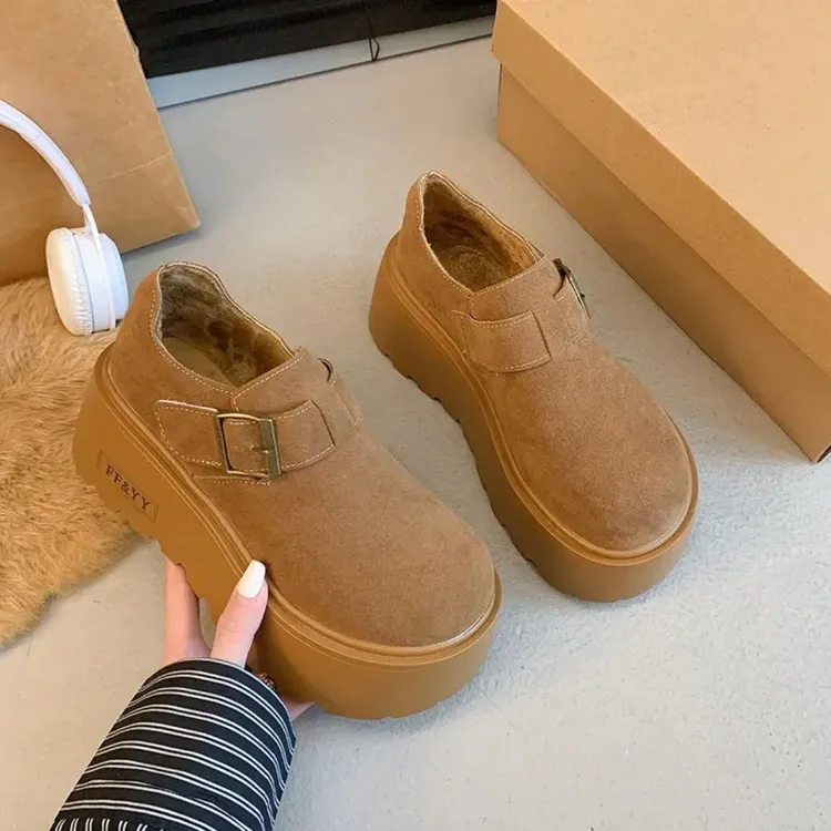 秋冬英伦风女鞋一脚蹬加绒松糕增高厚底乐福鞋复古博肯女新款爆款
