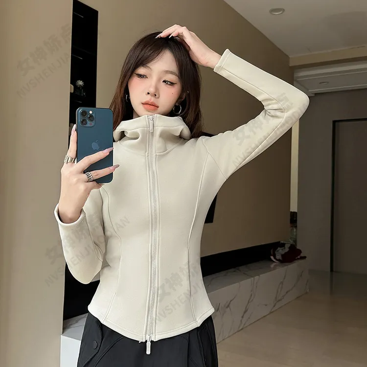 秋冬季外套女加绒加厚修身卫衣户外运动防风连帽上衣双拉链开衫