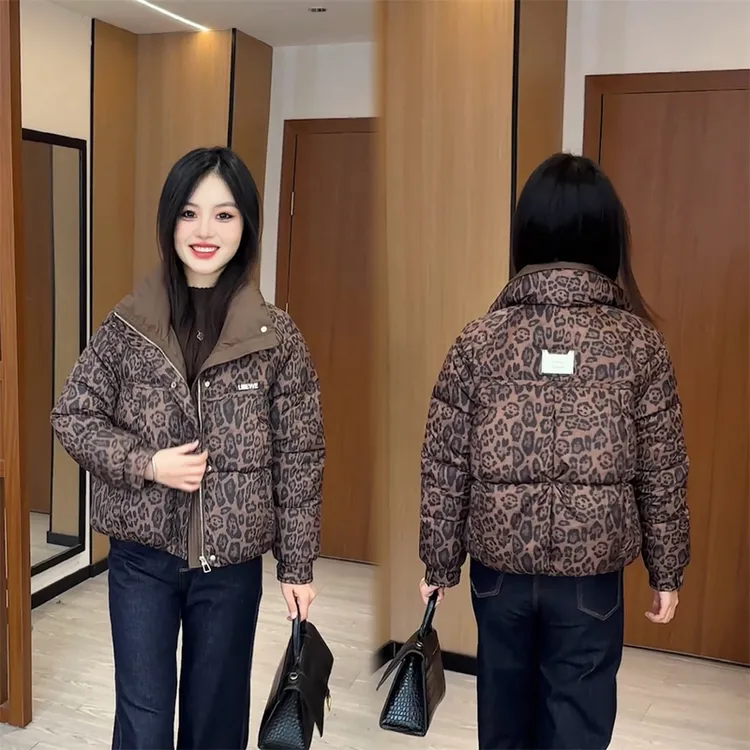 网红短款时尚加厚印花豹纹冬季棉衣潮流保暖韩版显瘦