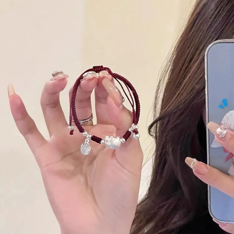 足银手链 999足银KT猫福字铃铛手工编织金刚结手绳送女生礼物百搭