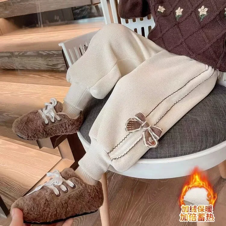 女童加绒裤子2025新款洋气时尚小女孩韩版百搭曲牙蝴蝶结加绒裤