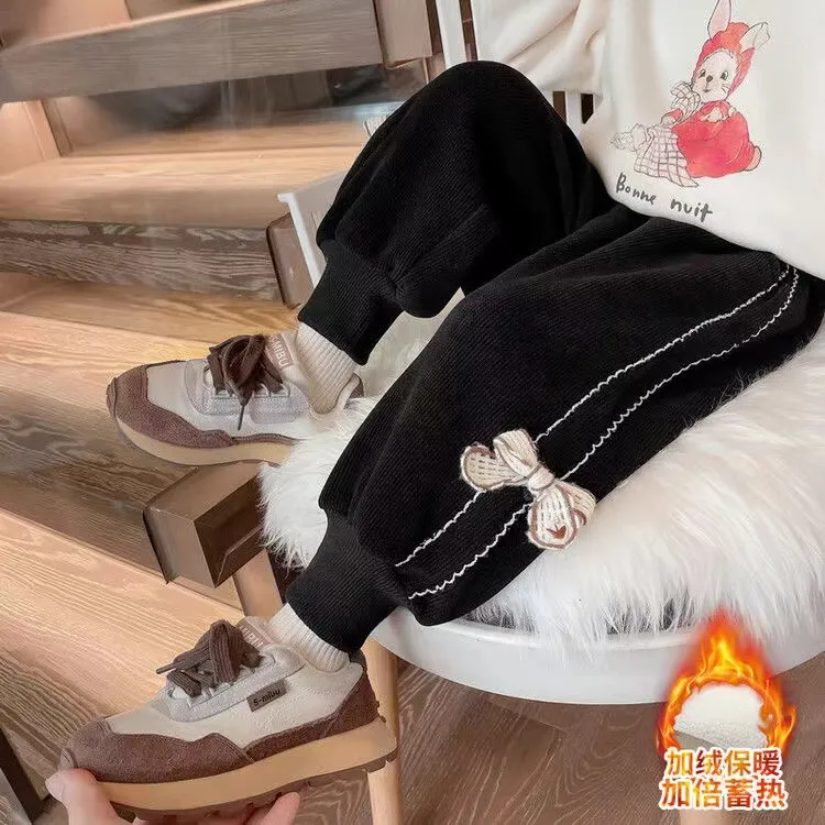 女童加绒裤子新款裤子洋气时尚小女孩韩版百搭曲牙蝴蝶结加绒裤