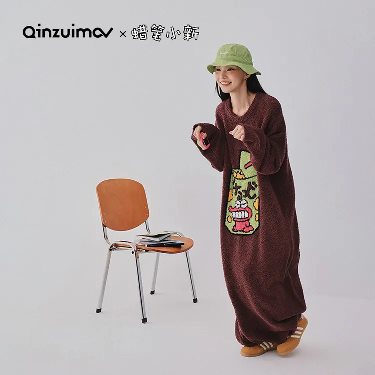亲嘴猫【蜡笔小新】鳄鱼先生半边绒睡袍睡衣家居服保暖加厚可外穿